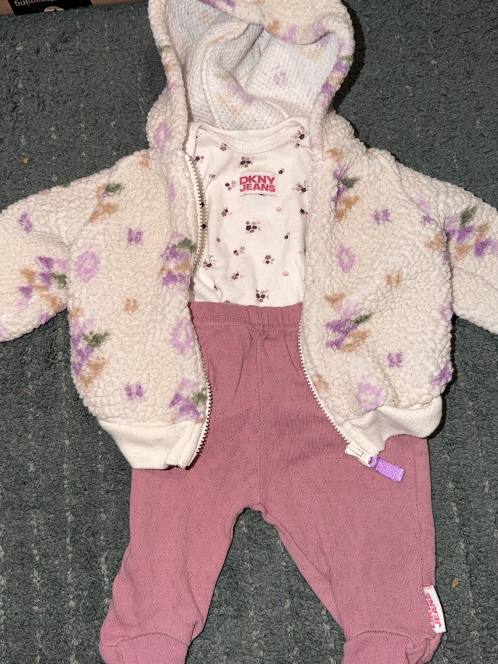 DKNY Girls Cream Floral Sherpa Hoodie Set with Pink Pants